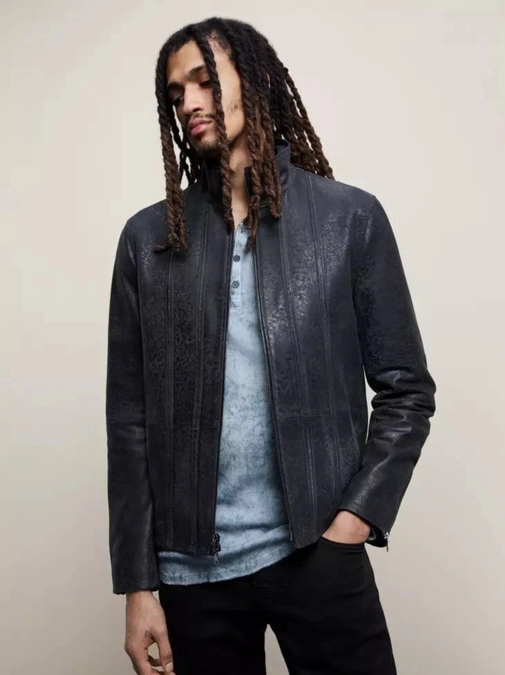 Black Leather Zip-Front Jacket